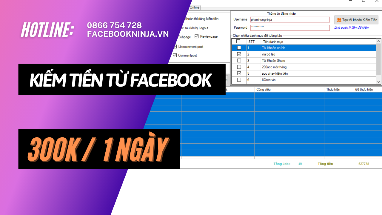 kiếm tiền facebook với phần mềm ninja care