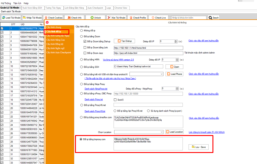 Hướng dẫn đổi ip bằng Tmproxy trên phần mềm ninja care
