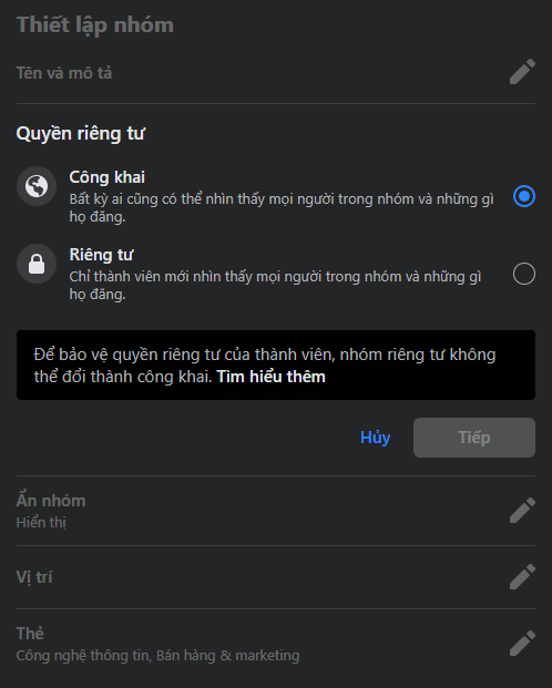 Thiết lập quyền riêng tư của group facebook