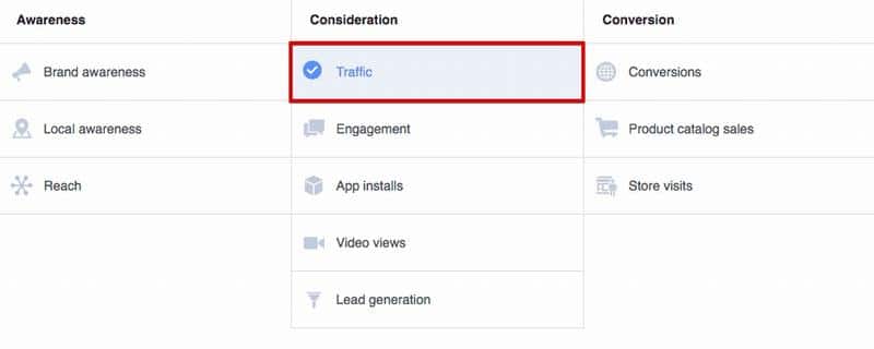 chọn "Traffic" làm mục tiêu quảng cáo