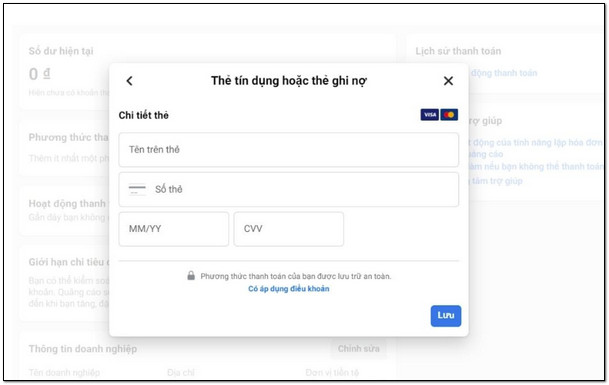 Điền thông tin thẻ thanh toán quảng cáo