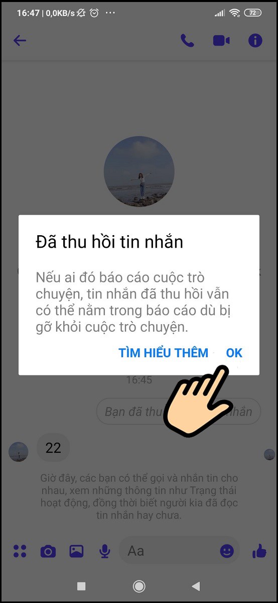 nhấn "Ok" để hoàn tất quá trình gỡ tin nhắn trên messenger cả 2 bên quá 15 phút