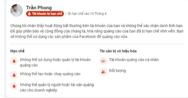 Các dạng tài khoản bị hạn chế quảng cáo trên facebook