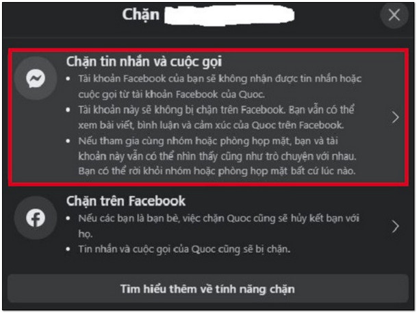 Nhấp vào chặn tin nhắn và cuộc gọi