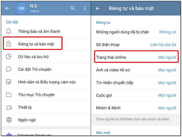 Nhấp Trạng thái online