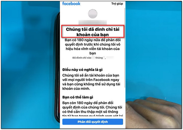 Thông báo tài khoản facebook bị đình chỉ 180 ngày